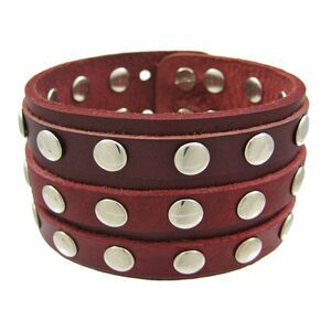 Brown Leather 3 Row Metal Studs Wristband Wrist Band